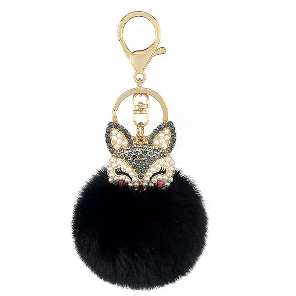 New! Crystal & Pearl Black Fox Pom Keychain